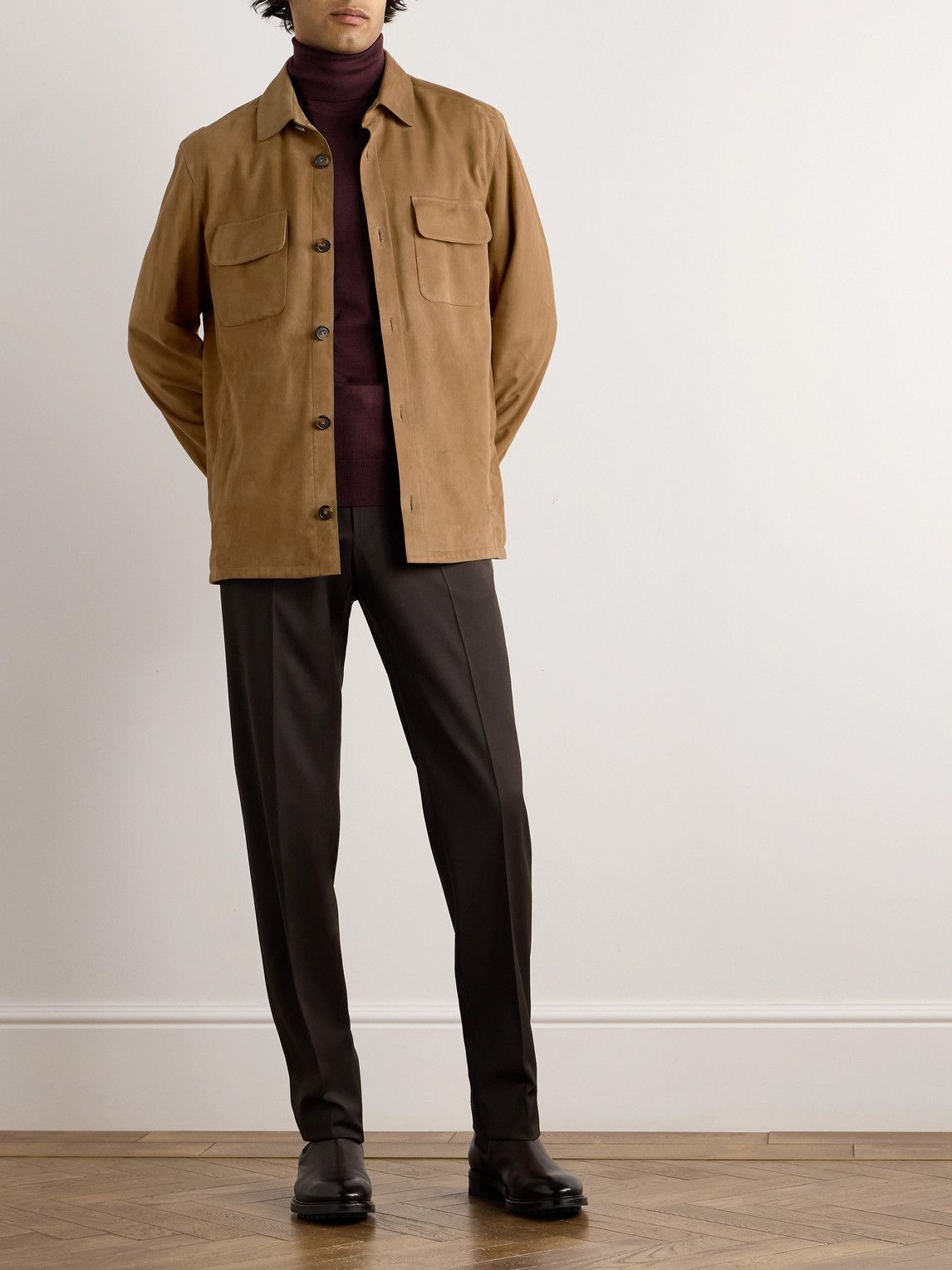 Tobacco suede overshirt styled with dark tailored trousers